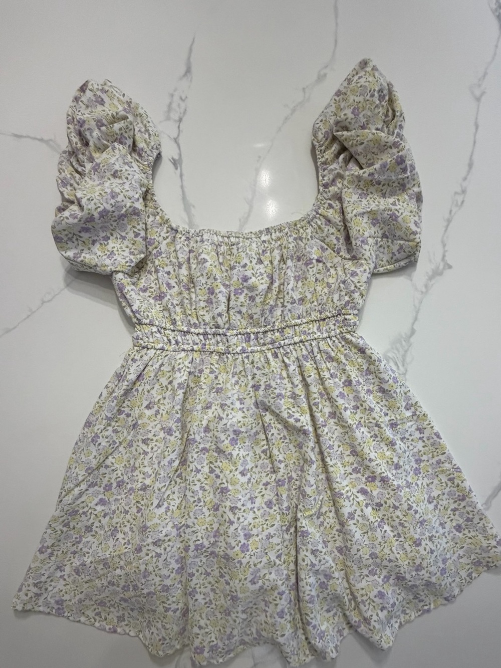 Junior Lavender & Cream Floral Puff Sleeve Dress - Smocked Waist